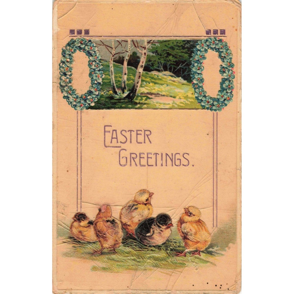 Antique Easter Greetings Postcard 1914 Baby Chicks Floral Wreath Germany Decor - Picture 1 of 2